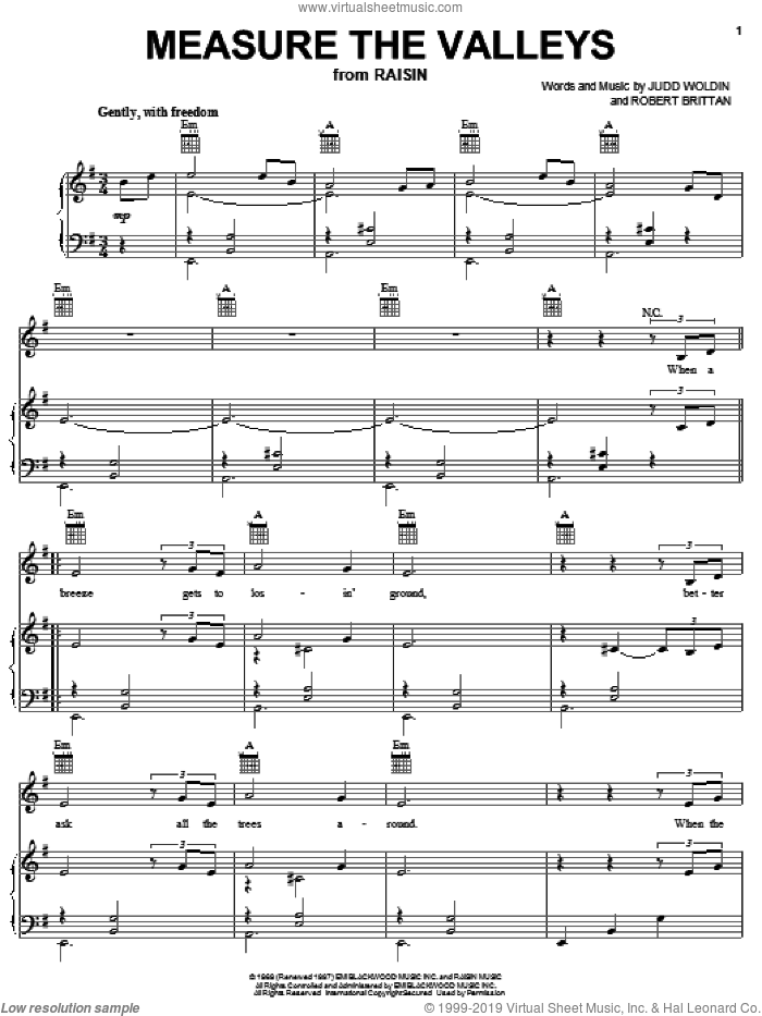 Measure The Valleys sheet music for voice, piano or guitar by Judd Woldin and Robert Brittan, intermediate skill level