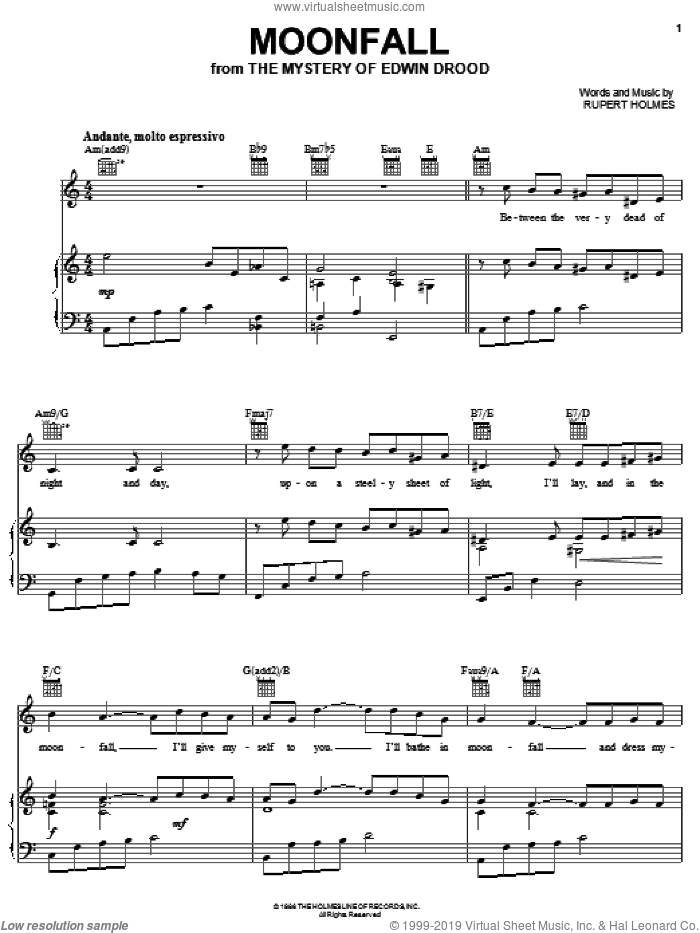 Moonfall (from The Mystery Of Edwin Drood) sheet music for voice, piano or guitar by Rupert Holmes and The Mystery Of Edwin Drood (Musical), intermediate skill level