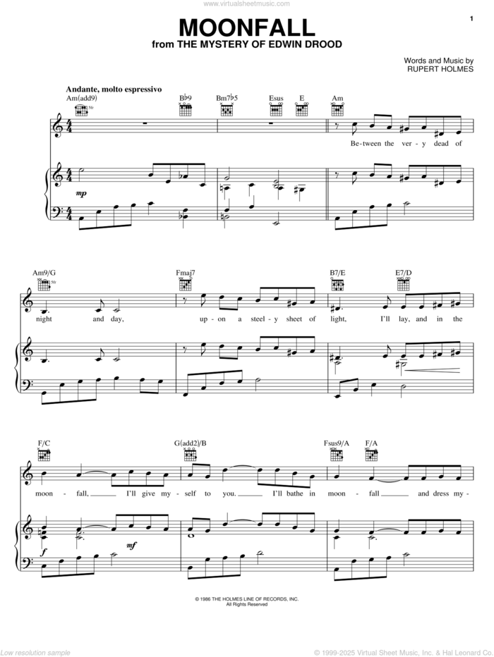 Moonfall (from The Mystery Of Edwin Drood) sheet music for voice, piano or guitar by Rupert Holmes and The Mystery Of Edwin Drood (Musical), intermediate skill level