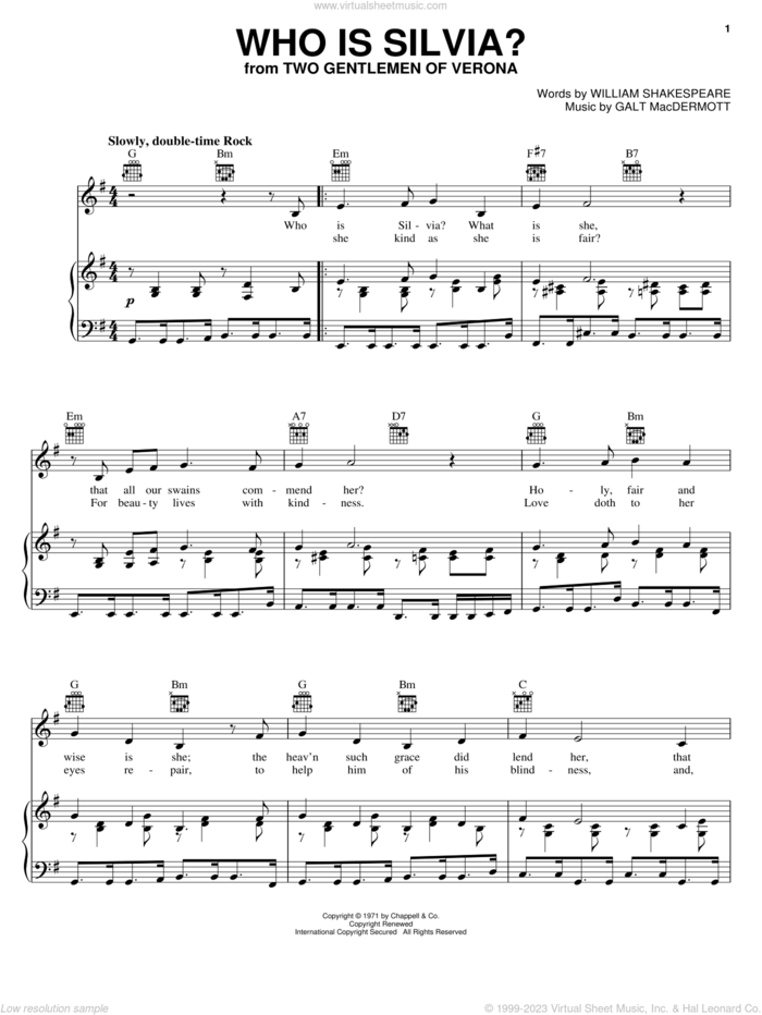 Who Is Silvia? sheet music for voice, piano or guitar by Galt MacDermot and William Shakespeare, intermediate skill level