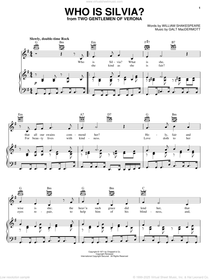 Who Is Silvia? sheet music for voice, piano or guitar by Galt MacDermot and William Shakespeare, intermediate skill level