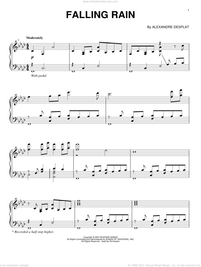 Falling Rain sheet music for piano solo by Alexandre Desplat and Lust, Caution (Movie), intermediate skill level