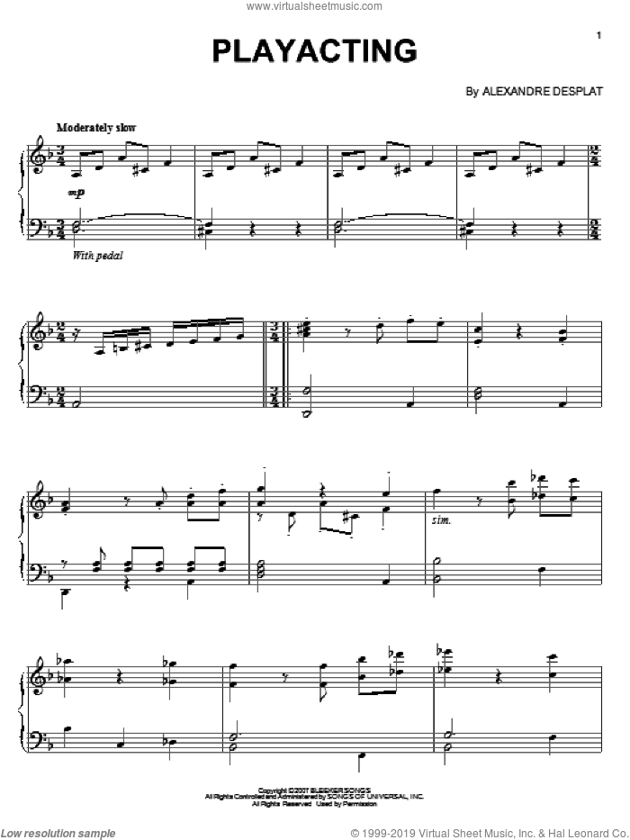 Playacting sheet music for piano solo by Alexandre Desplat and Lust, Caution (Movie), intermediate skill level