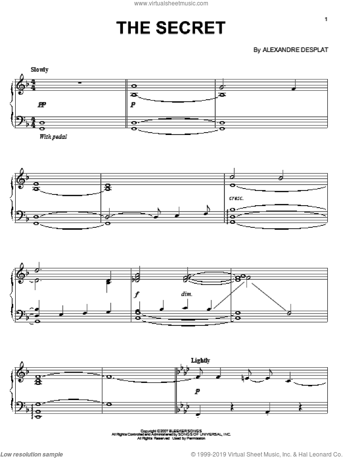 The Secret sheet music for piano solo by Alexandre Desplat and Lust, Caution (Movie), intermediate skill level