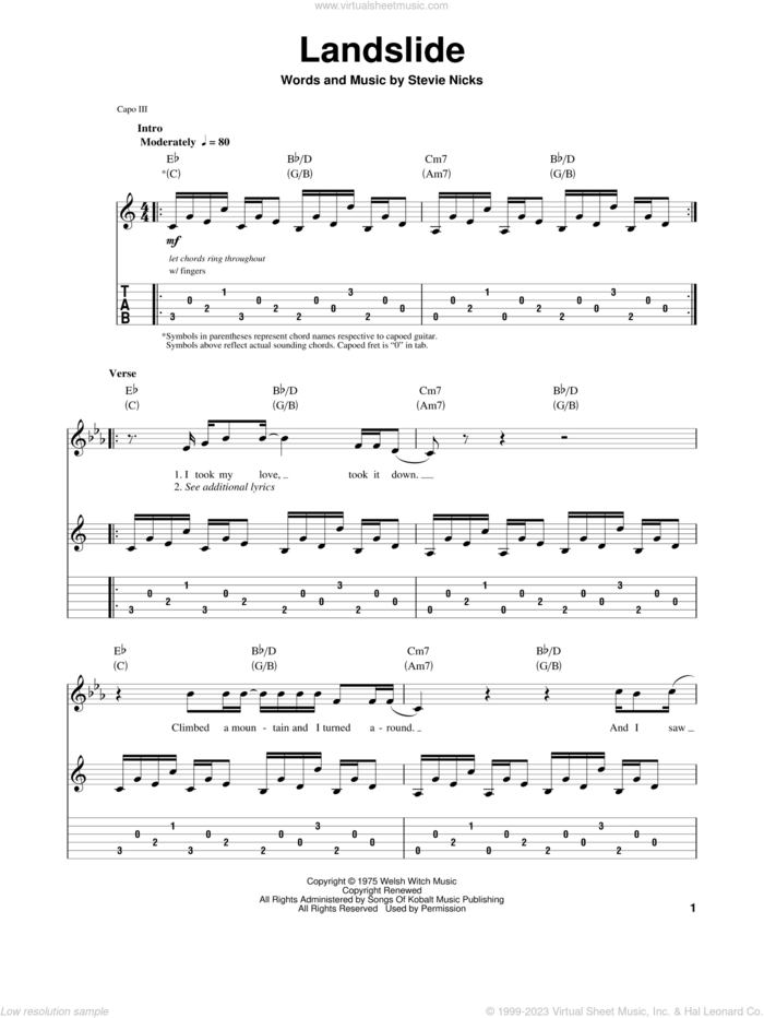 Landslide sheet music for guitar (tablature, play-along) by Fleetwood Mac and Stevie Nicks, intermediate skill level