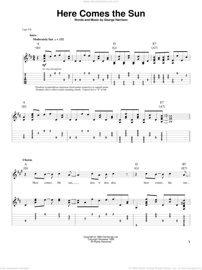 Here Comes The Sun sheet music for guitar (tablature, play-along) by The Beatles and George Harrison, intermediate skill level