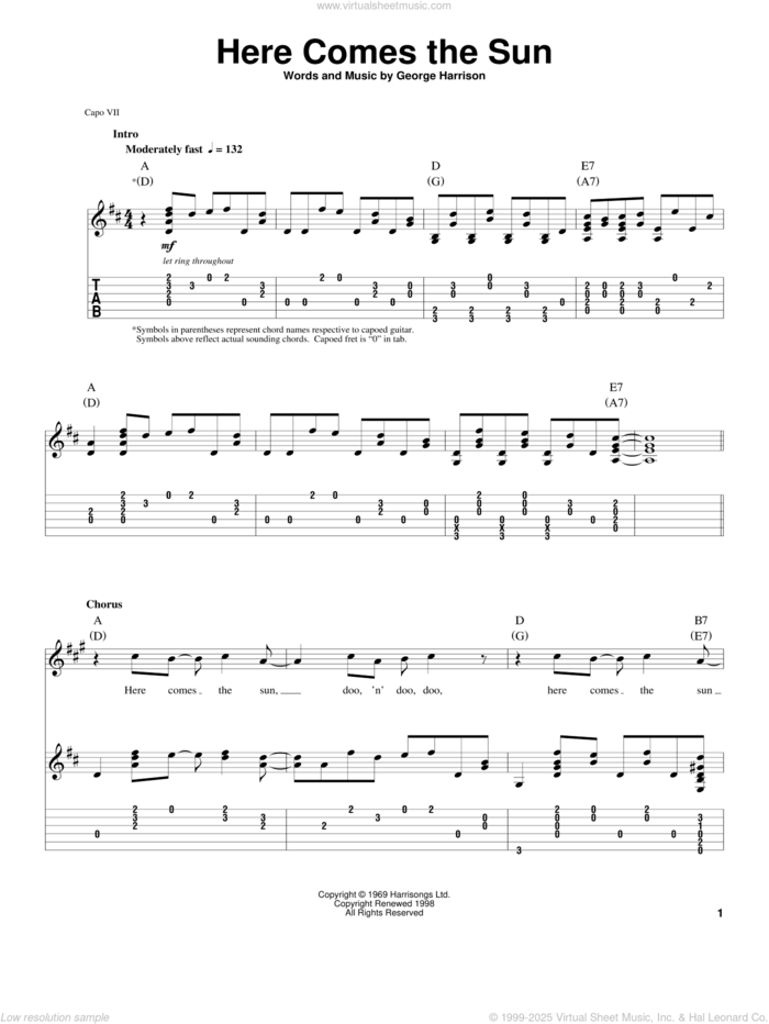 Here Comes The Sun sheet music for guitar (tablature, play-along) by The Beatles and George Harrison, intermediate skill level