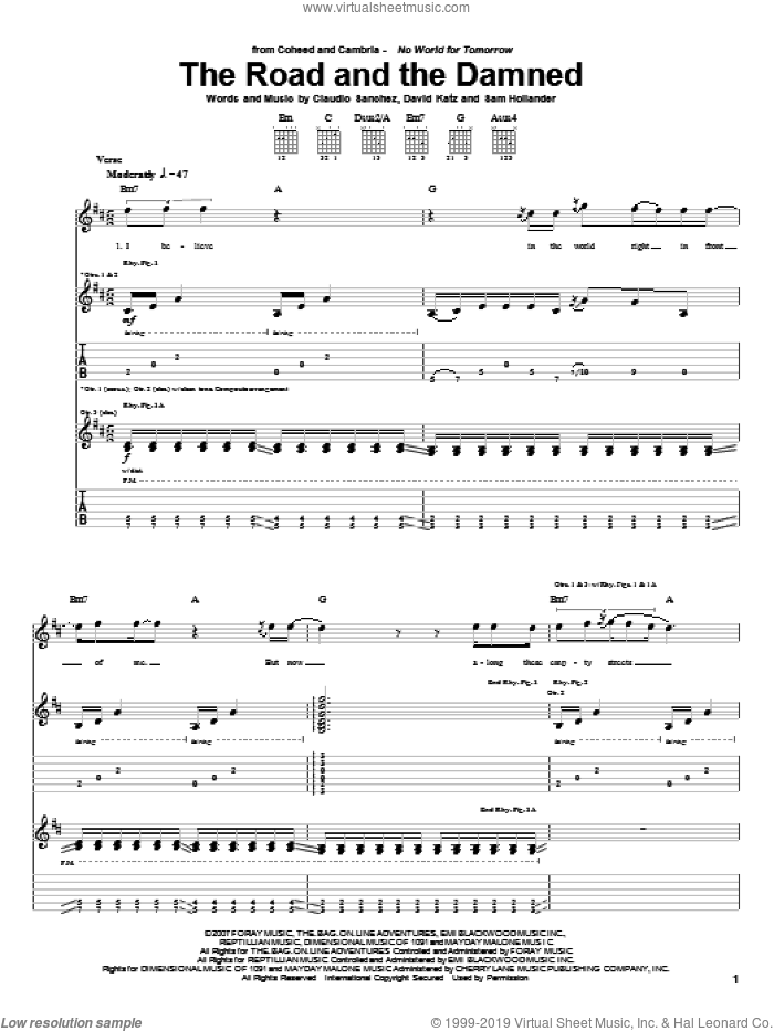 The Road And The Damned sheet music for guitar (tablature) by Coheed And Cambria, Claudio Sanchez, David Katz and Sam Hollander, intermediate skill level