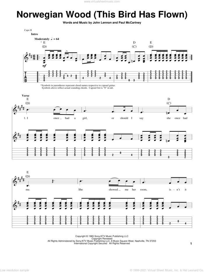 Norwegian Wood (This Bird Has Flown) sheet music for guitar (tablature, play-along) by The Beatles, John Lennon and Paul McCartney, intermediate skill level
