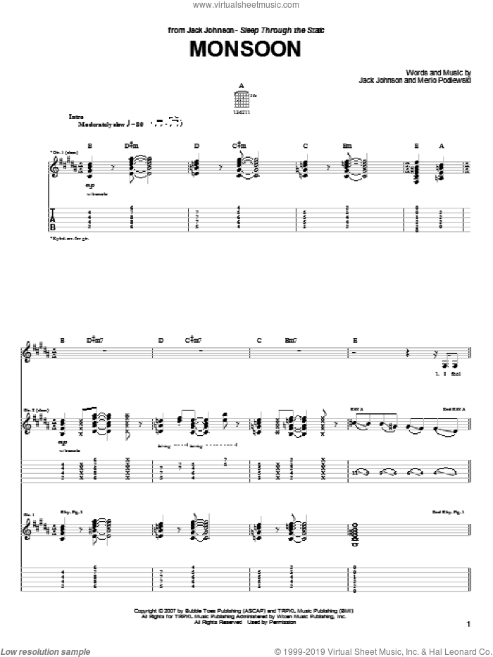 Monsoon sheet music for guitar (tablature) by Jack Johnson and Merlo Podlewski, intermediate skill level