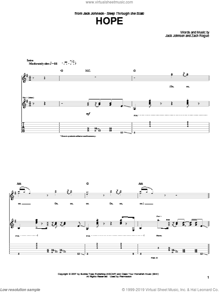 Hope sheet music for guitar (tablature) by Jack Johnson and Zach Rogue, intermediate skill level