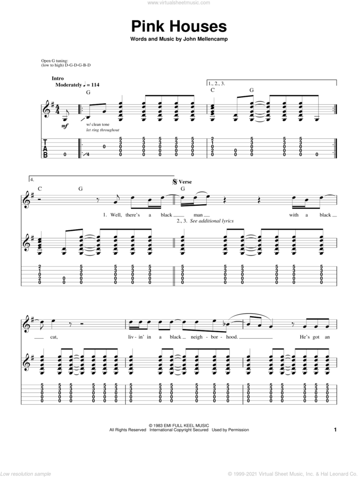 Pink Houses sheet music for guitar (tablature, play-along) by John Mellencamp, intermediate skill level