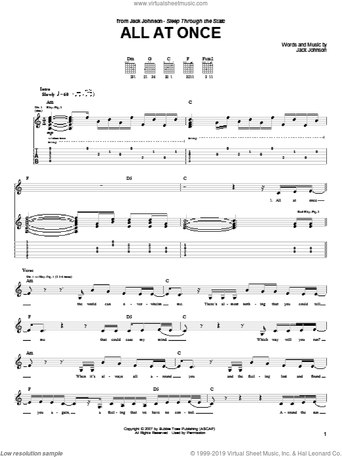 All At Once sheet music for guitar (tablature) by Jack Johnson, intermediate skill level