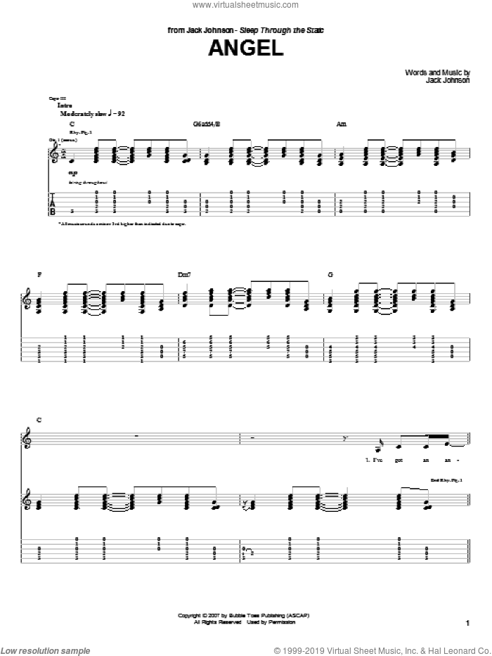 Angel sheet music for guitar (tablature) by Jack Johnson, intermediate skill level