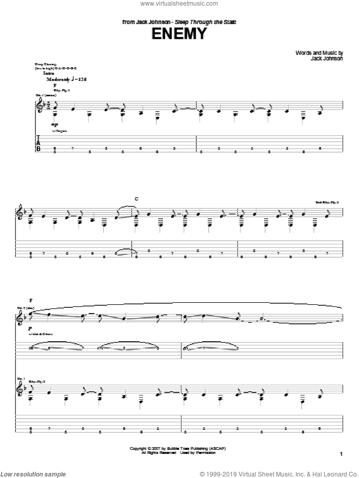 Enemy sheet music for guitar (tablature) by Jack Johnson, intermediate skill level