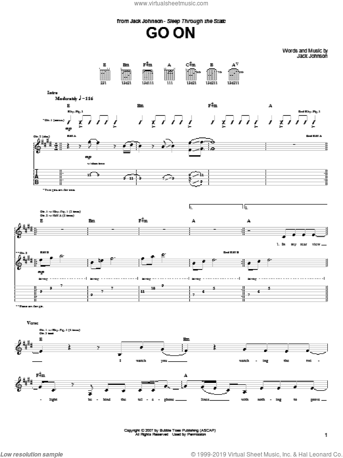 Go On sheet music for guitar (tablature) by Jack Johnson, intermediate skill level
