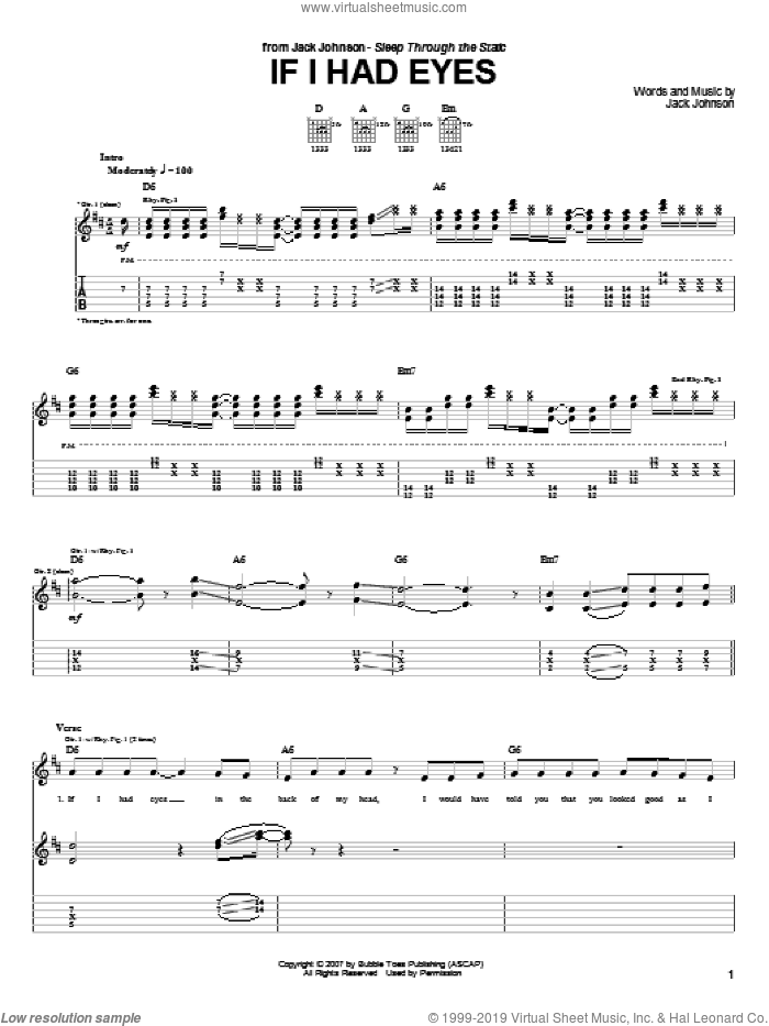 If I Had Eyes sheet music for guitar (tablature) by Jack Johnson, intermediate skill level