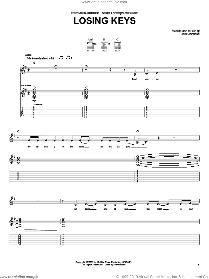 Losing Keys sheet music for guitar (tablature) by Jack Johnson, intermediate skill level