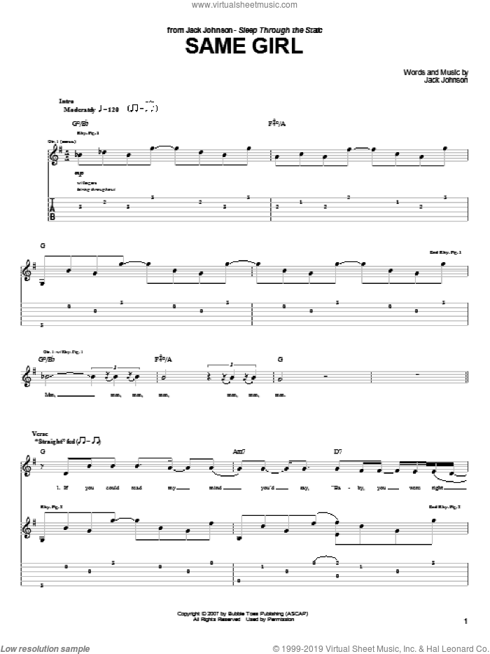 Same Girl sheet music for guitar (tablature) by Jack Johnson, intermediate skill level