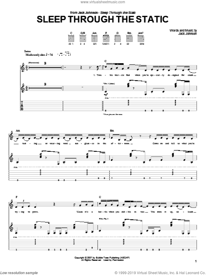 Sleep Through The Static sheet music for guitar (tablature) by Jack Johnson, intermediate skill level