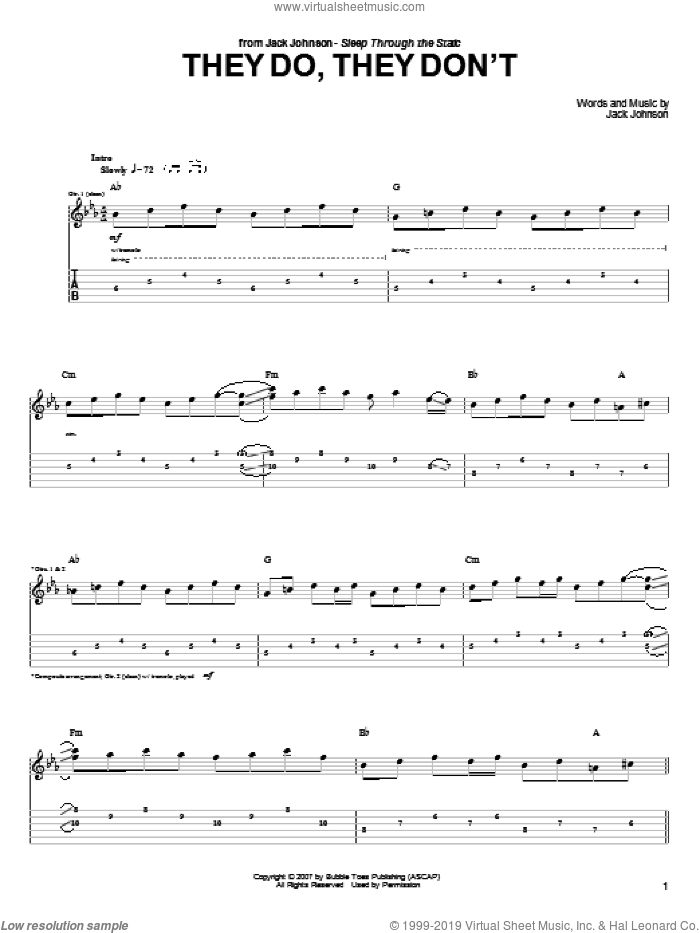 They Do, They Don't sheet music for guitar (tablature) by Jack Johnson, intermediate skill level
