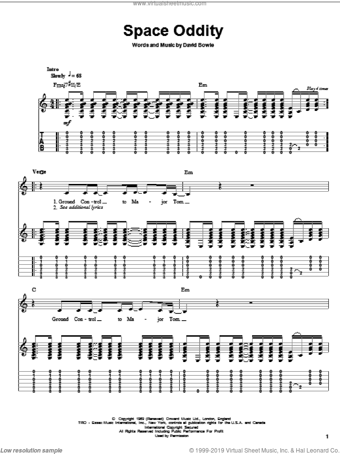 Space Oddity sheet music for guitar (tablature, play-along) by David Bowie, intermediate skill level