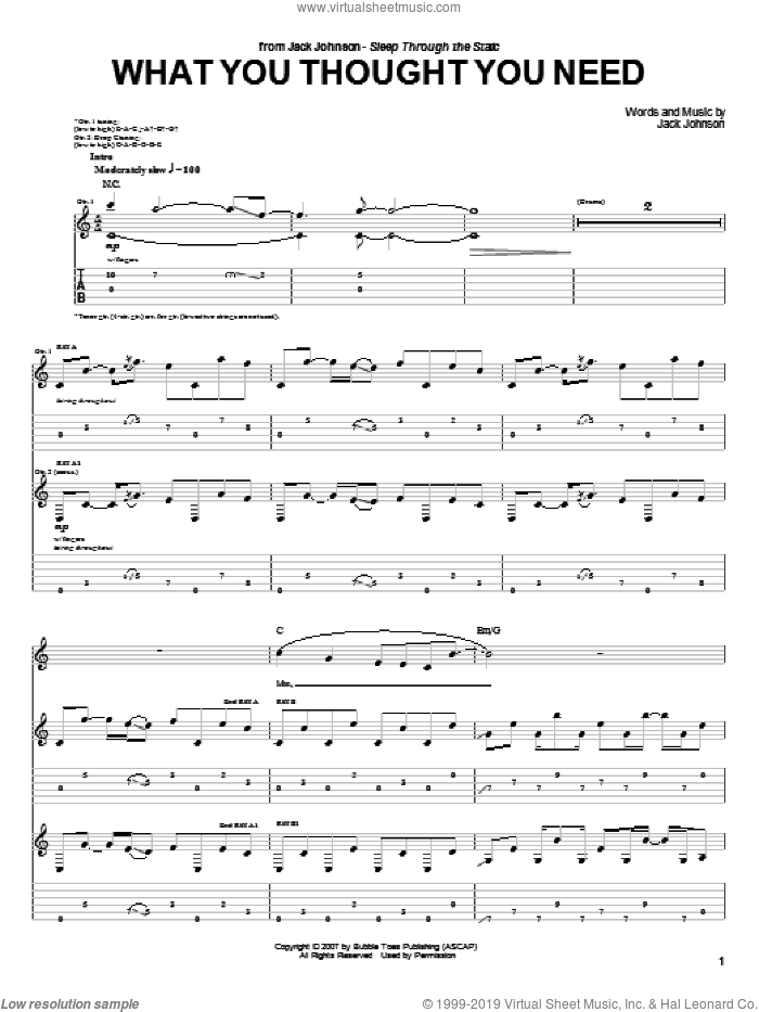 What You Thought You Need sheet music for guitar (tablature) by Jack Johnson, intermediate skill level