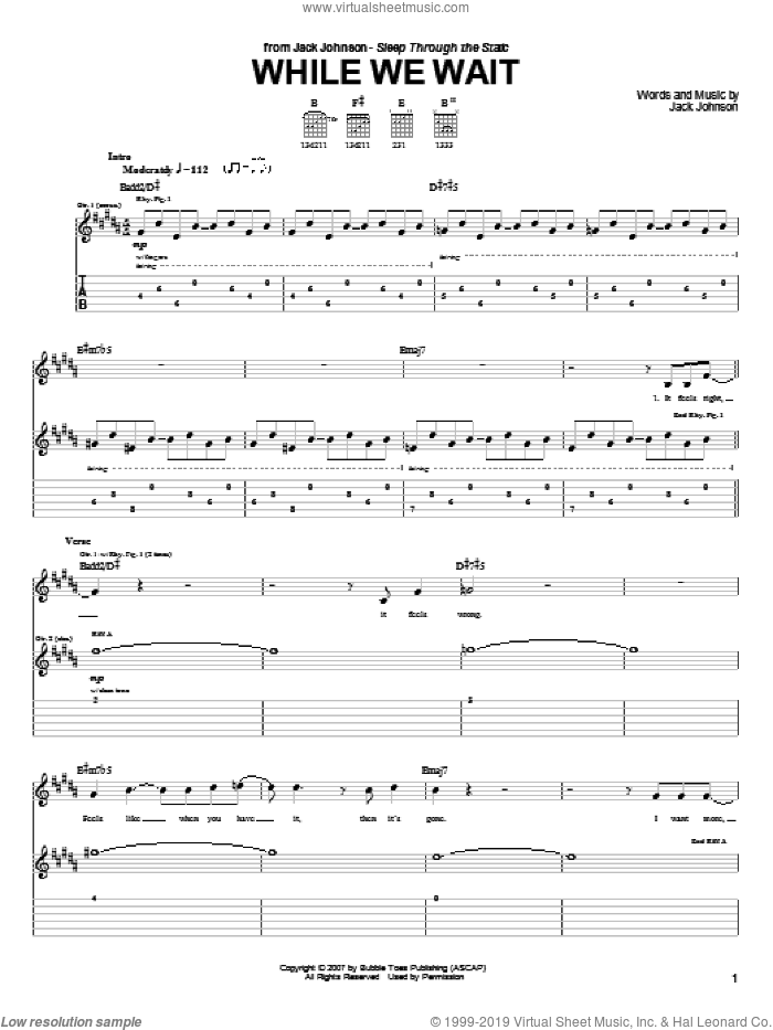 While We Wait sheet music for guitar (tablature) by Jack Johnson, intermediate skill level