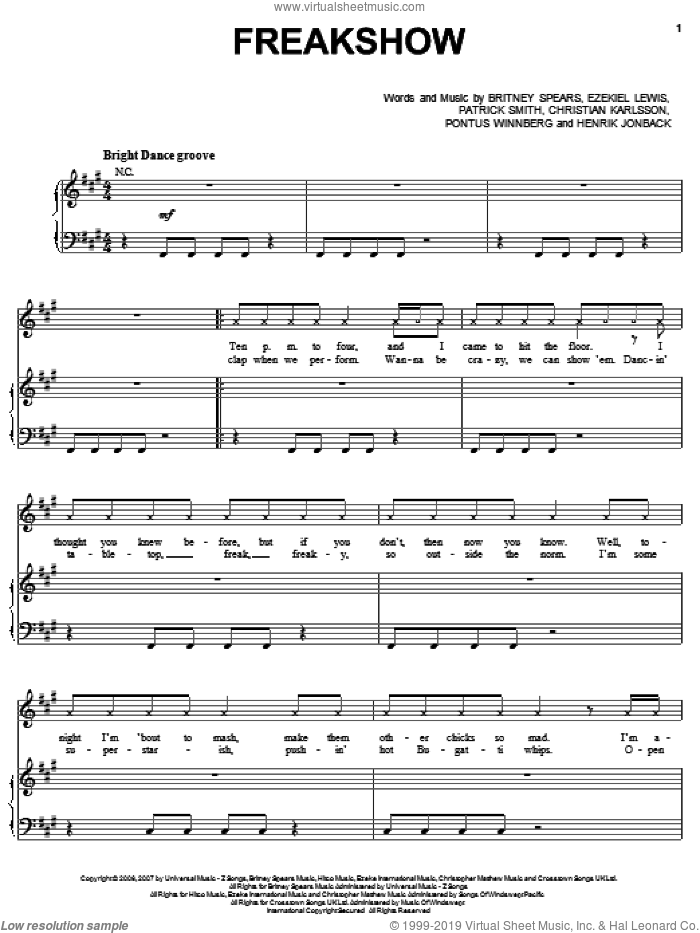 Freakshow sheet music for voice, piano or guitar by Britney Spears, Christian Karlsson, Ezekiel Lewis, Henrik Jonback, Patrick Smith and Pontus Winnberg, intermediate skill level