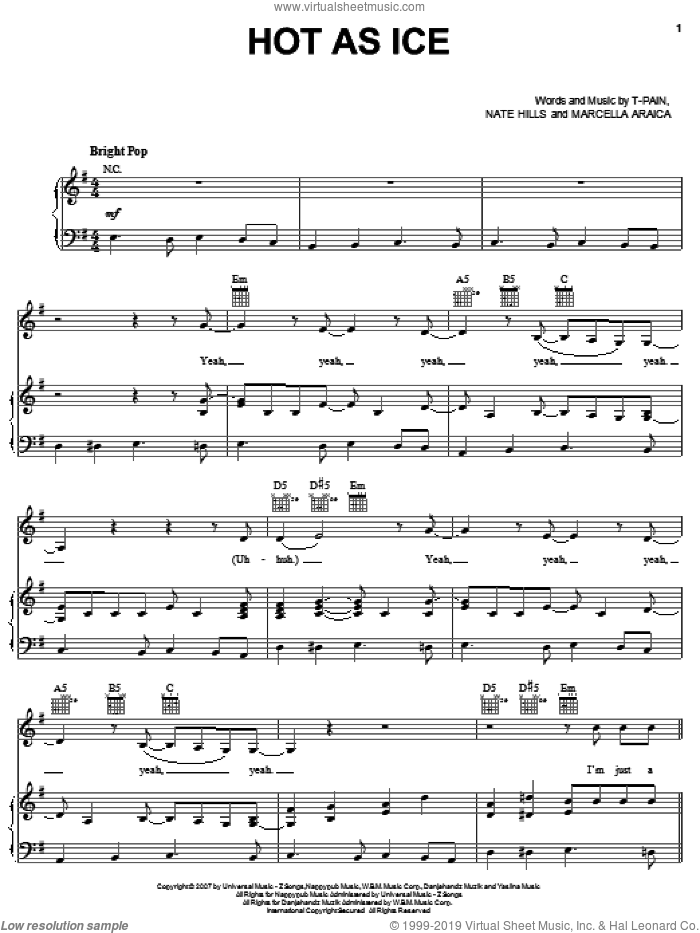 Hot As Ice sheet music for voice, piano or guitar by Britney Spears, Marcella Araica, Nate Hills and T-Pain, intermediate skill level
