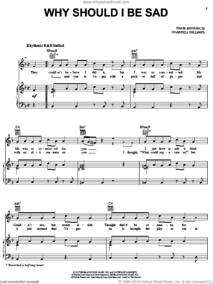 Why Should I Be Sad sheet music for voice, piano or guitar by Britney Spears and Pharrell Williams, intermediate skill level