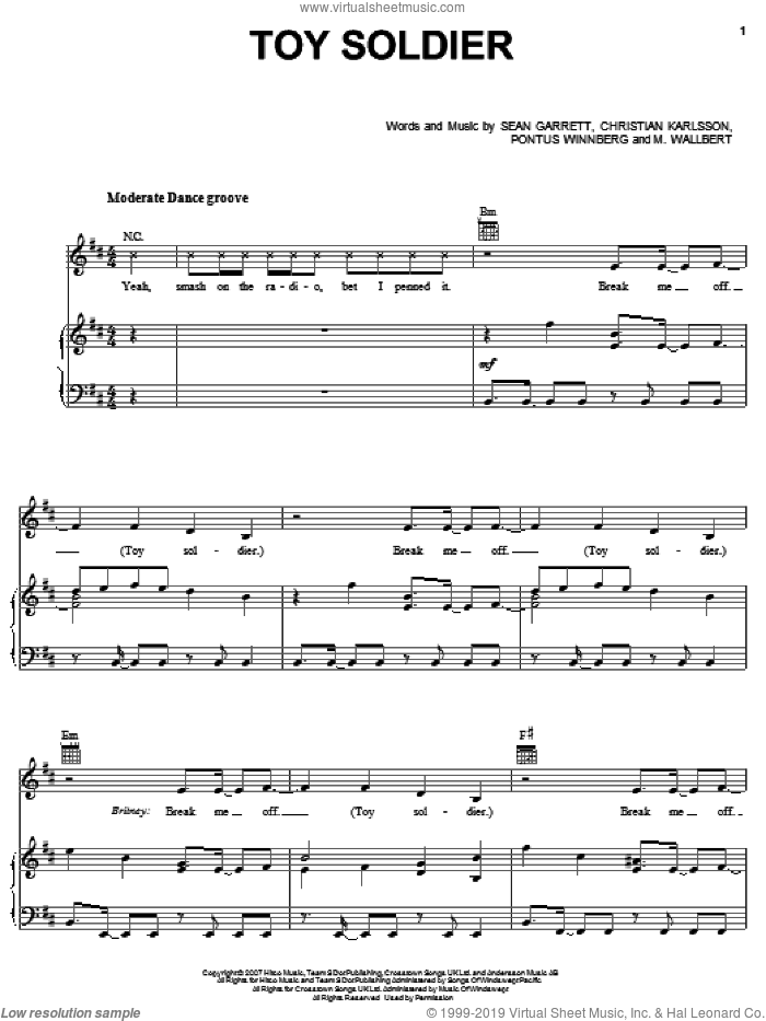 Toy Soldier sheet music for voice, piano or guitar by Britney Spears, Christian Karlsson, M. Wallbert, Pontus Winnberg and Sean Garrett, intermediate skill level