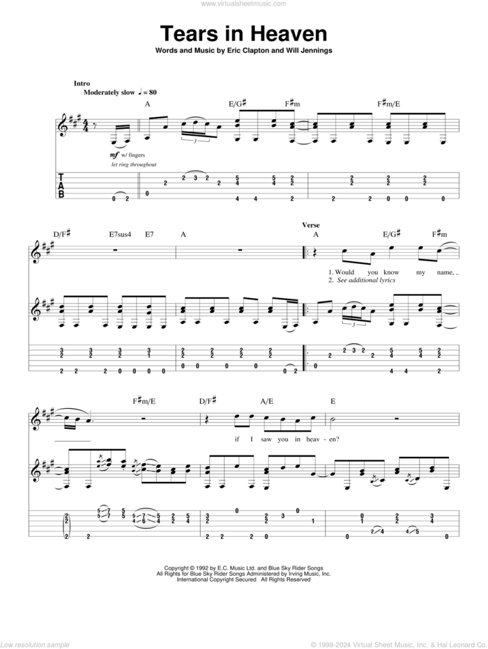 Tears In Heaven sheet music for guitar (tablature, play-along) by Eric Clapton and Will Jennings, intermediate skill level