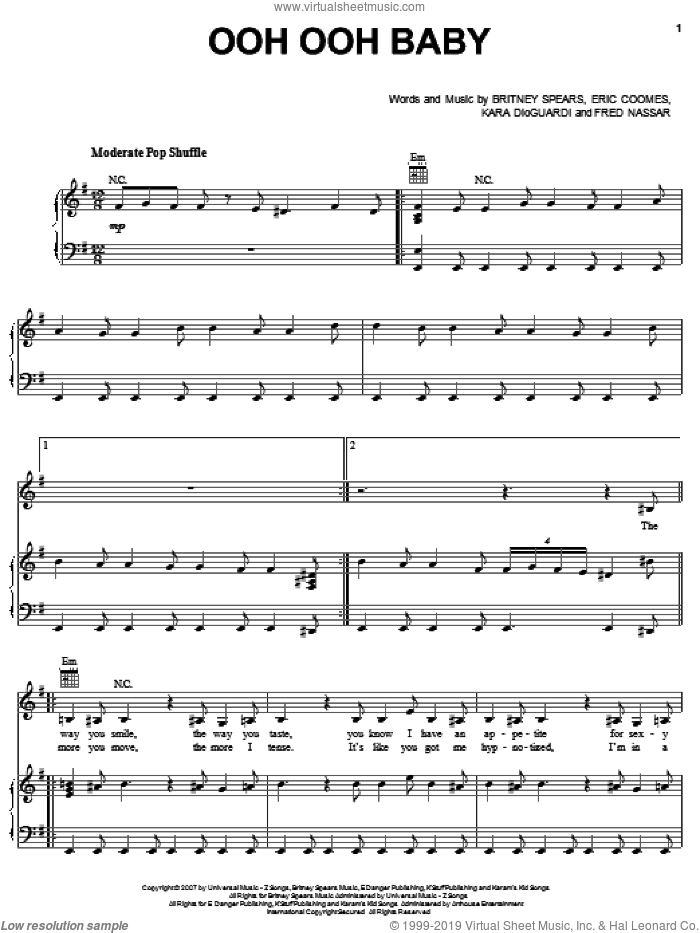 Ooh Ooh Baby sheet music for voice, piano or guitar by Britney Spears, Eric Coomes, Fred Nassar and Kara DioGuardi, intermediate skill level