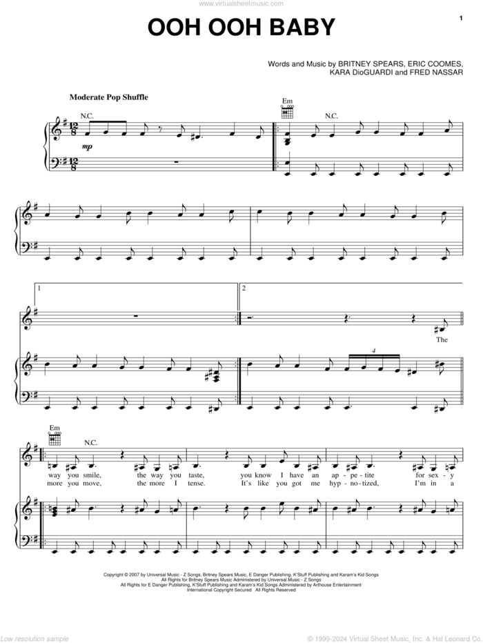 Ooh Ooh Baby sheet music for voice, piano or guitar by Britney Spears, Eric Coomes, Fred Nassar and Kara DioGuardi, intermediate skill level