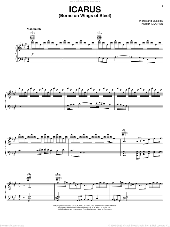 Icarus (Borne On Wings Of Steel) sheet music for voice, piano or guitar by Kansas and Kerry Livgren, intermediate skill level