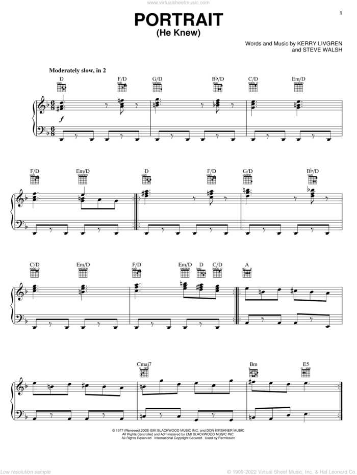 Portrait (He Knew) sheet music for voice, piano or guitar by Kansas, Kerry Livgren and Steve Walsh, intermediate skill level