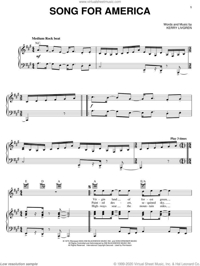 Song For America sheet music for voice, piano or guitar by Kansas and Kerry Livgren, intermediate skill level