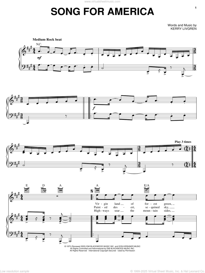 Song For America sheet music for voice, piano or guitar by Kansas and Kerry Livgren, intermediate skill level