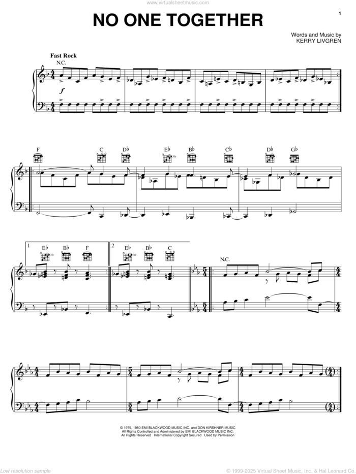 No One Together sheet music for voice, piano or guitar by Kansas and Kerry Livgren, intermediate skill level