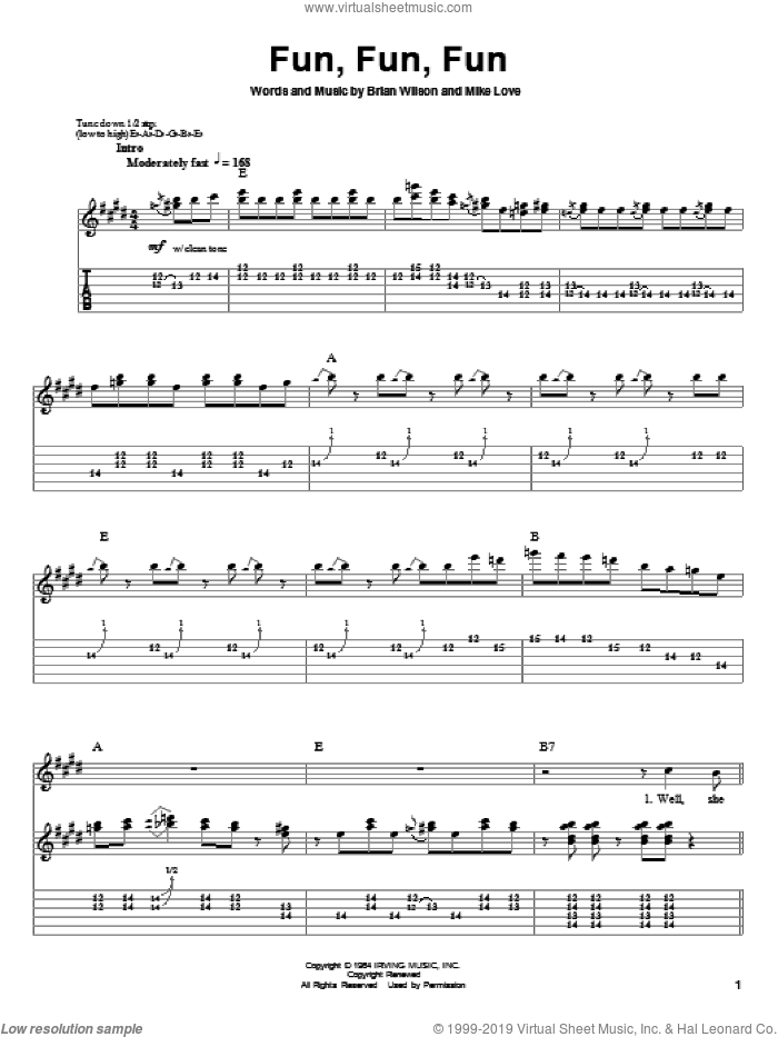 Fun, Fun, Fun sheet music for guitar (tablature, play-along) by The Beach Boys, Brian Wilson and Mike Love, intermediate skill level