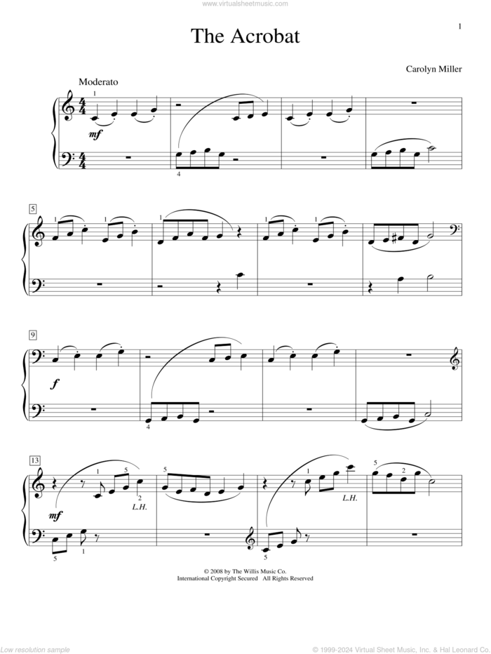 The Acrobat sheet music for piano solo (elementary) by Carolyn Miller, beginner piano (elementary)