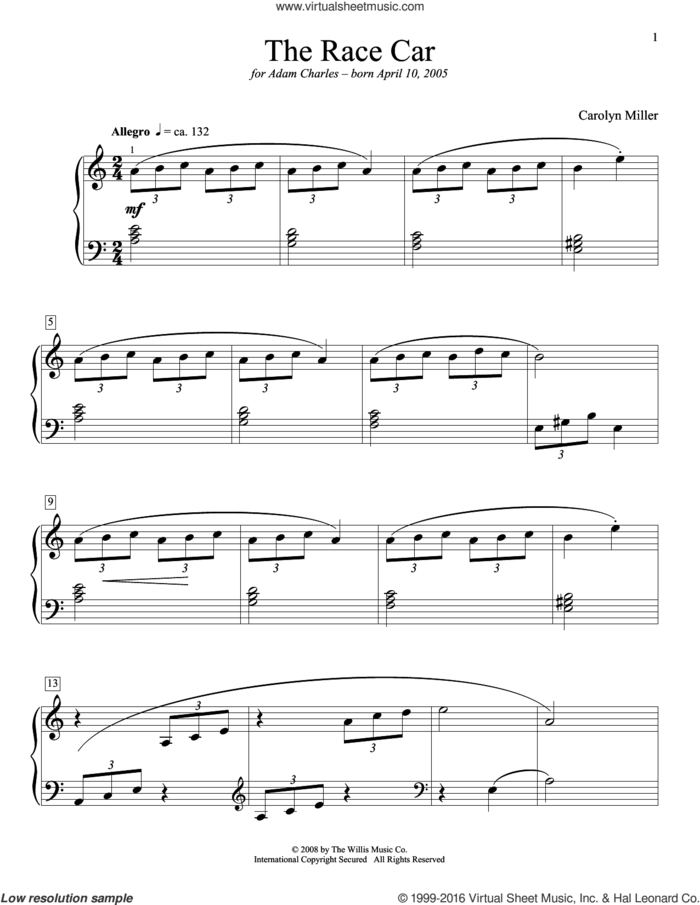 The Race Car sheet music for piano solo (elementary) by Carolyn Miller, beginner piano (elementary)