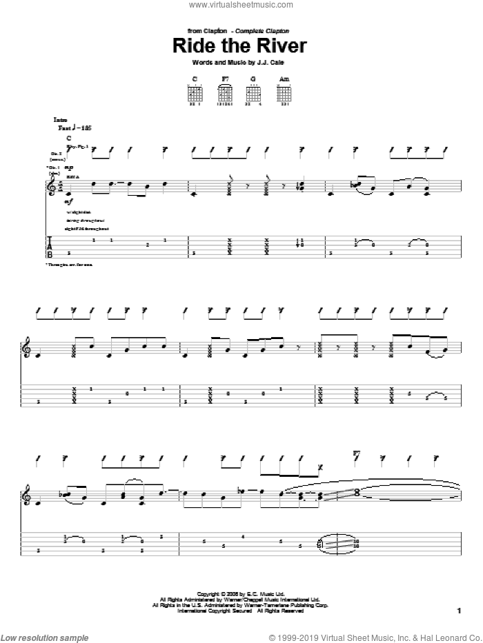 Ride The River sheet music for guitar (tablature) by Eric Clapton and John Cale, intermediate skill level