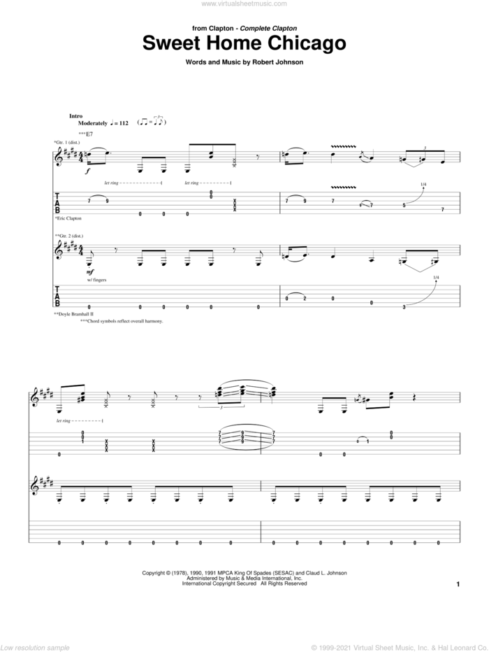 Sweet Home Chicago sheet music for guitar (tablature) by Eric Clapton, Blues Brothers and Robert Johnson, intermediate skill level