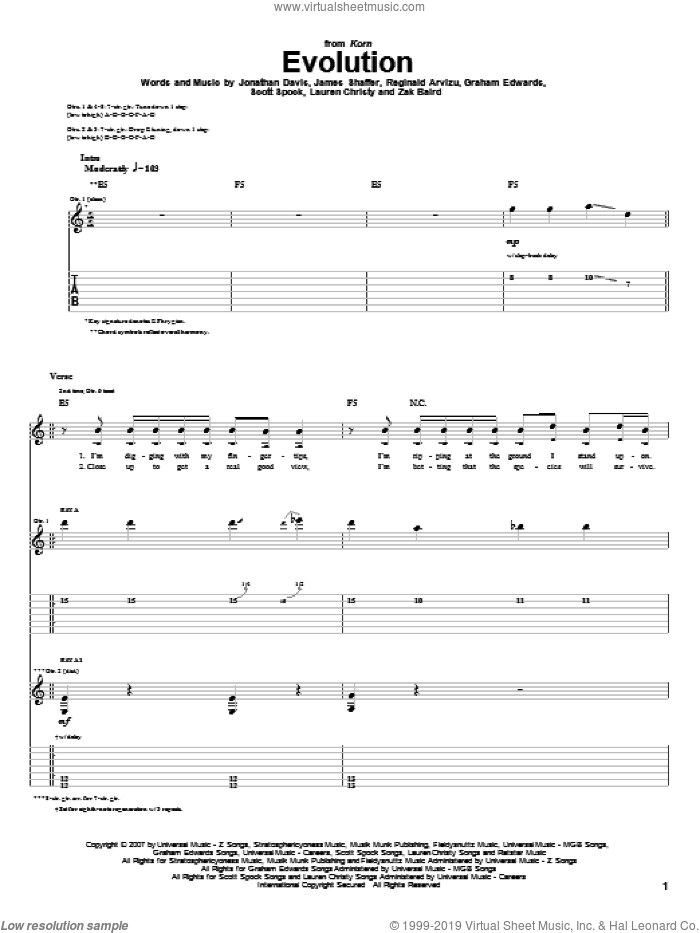 Evolution sheet music for guitar (tablature) by Korn, Graham Edwards, James Shaffer, Jonathan Davis, Lauren Christy, Reginald Arvizu, Scott Spock and Zak Baird, intermediate skill level