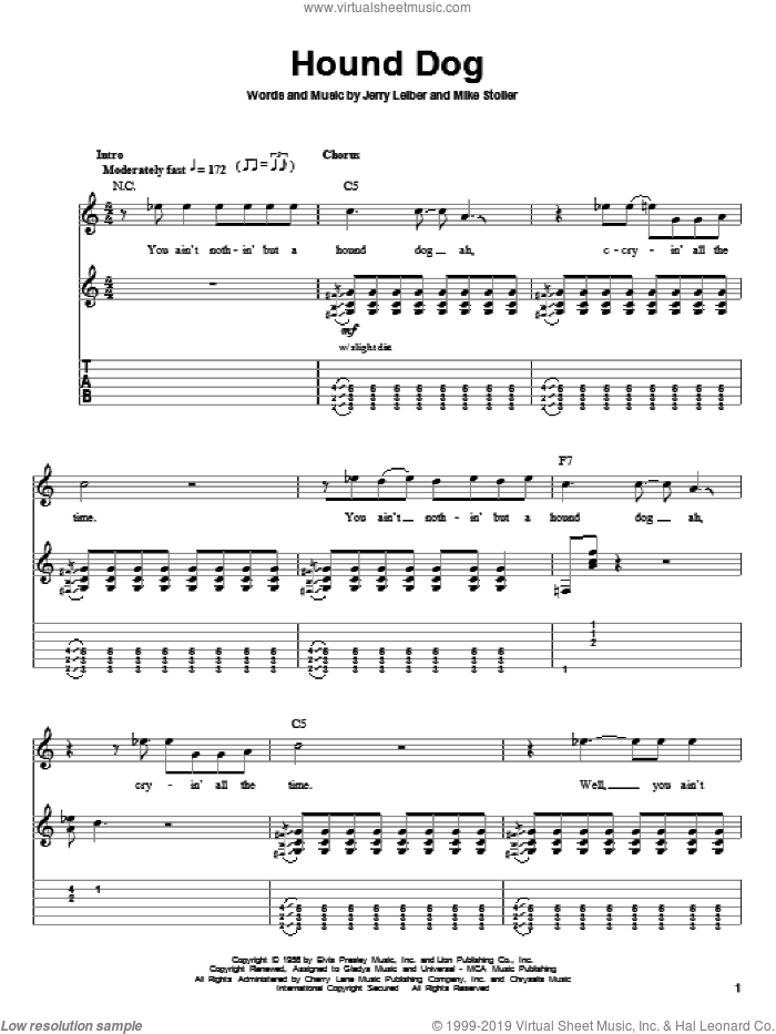 Hound Dog sheet music for guitar (tablature, play-along) by Elvis Presley, Leiber & Stoller, Jerry Leiber and Mike Stoller, intermediate skill level