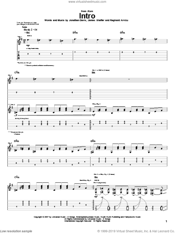 Intro sheet music for guitar (tablature) by Korn, James Shaffer, Jonathan Davis and Reginald Arvizu, intermediate skill level
