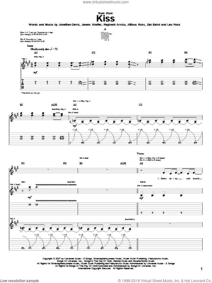 Kiss sheet music for guitar (tablature) by Korn, Atticus Ross, James Shaffer, Jonathan Davis, Leo Ross, Reginald Arvizu and Zak Baird, intermediate skill level