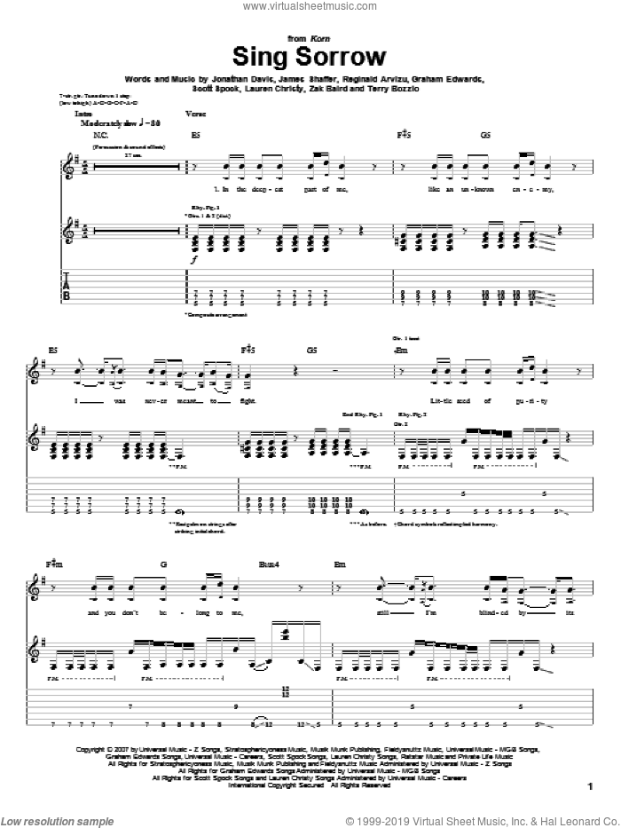 Sing Sorrow sheet music for guitar (tablature) by Korn, Graham Edwards, James Shaffer, Jonathan Davis, Lauren Christy, Reginald Arvizu, Scott Spock, Terry Bozzio and Zak Baird, intermediate skill level